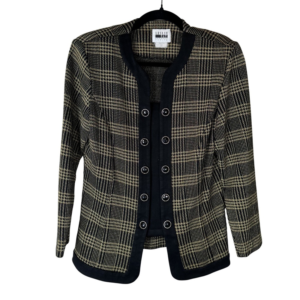 Vintage 90s Maximalist Jacket 12 P Black Gold Plaid Button Front USA 90s